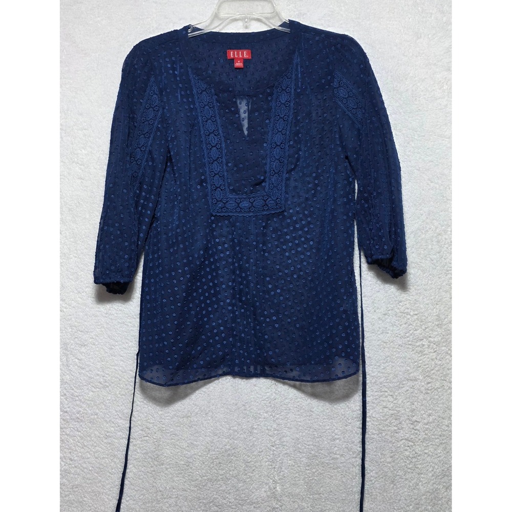 Elle Navy Blue Swiss Dot Crochet Lace Trim 3/4 Sleeve Blouse Small Boho Tie Back